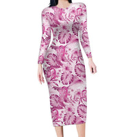 Pink Ribbon Hibiscus Tropical Pattern Family Matching Long Sleeve Bodycon Dress and Hawaiian Shirt Breast Cancer LT01 Mom's Dress Pink - Polynesian Pride