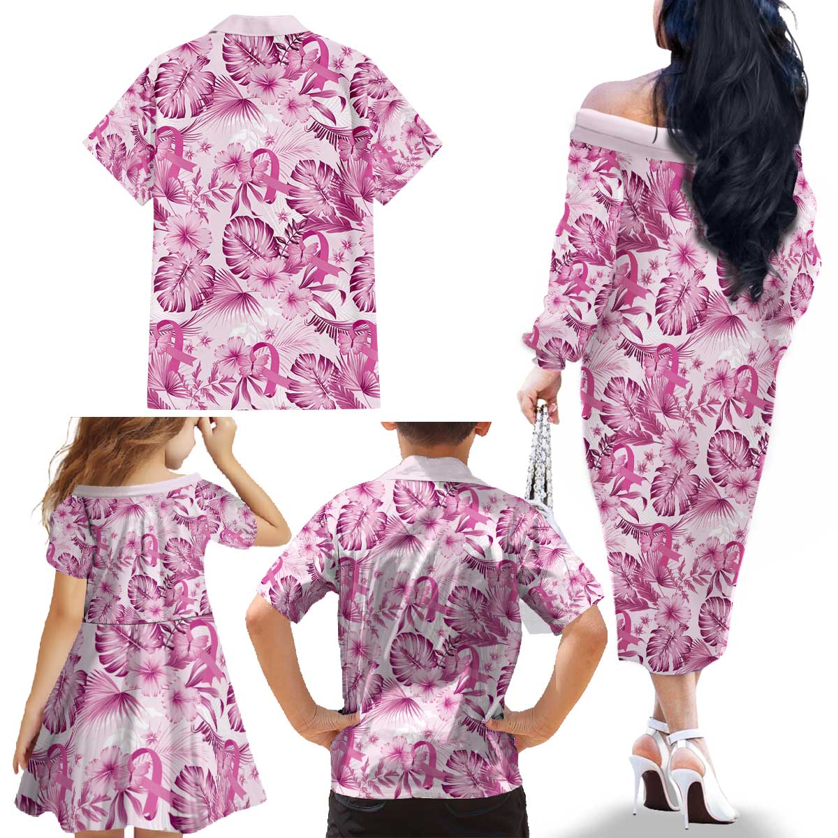 Pink Ribbon Hibiscus Tropical Pattern Family Matching Off The Shoulder Long Sleeve Dress and Hawaiian Shirt Breast Cancer LT01 - Polynesian Pride