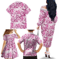 Pink Ribbon Hibiscus Tropical Pattern Family Matching Off The Shoulder Long Sleeve Dress and Hawaiian Shirt Breast Cancer LT01 - Polynesian Pride