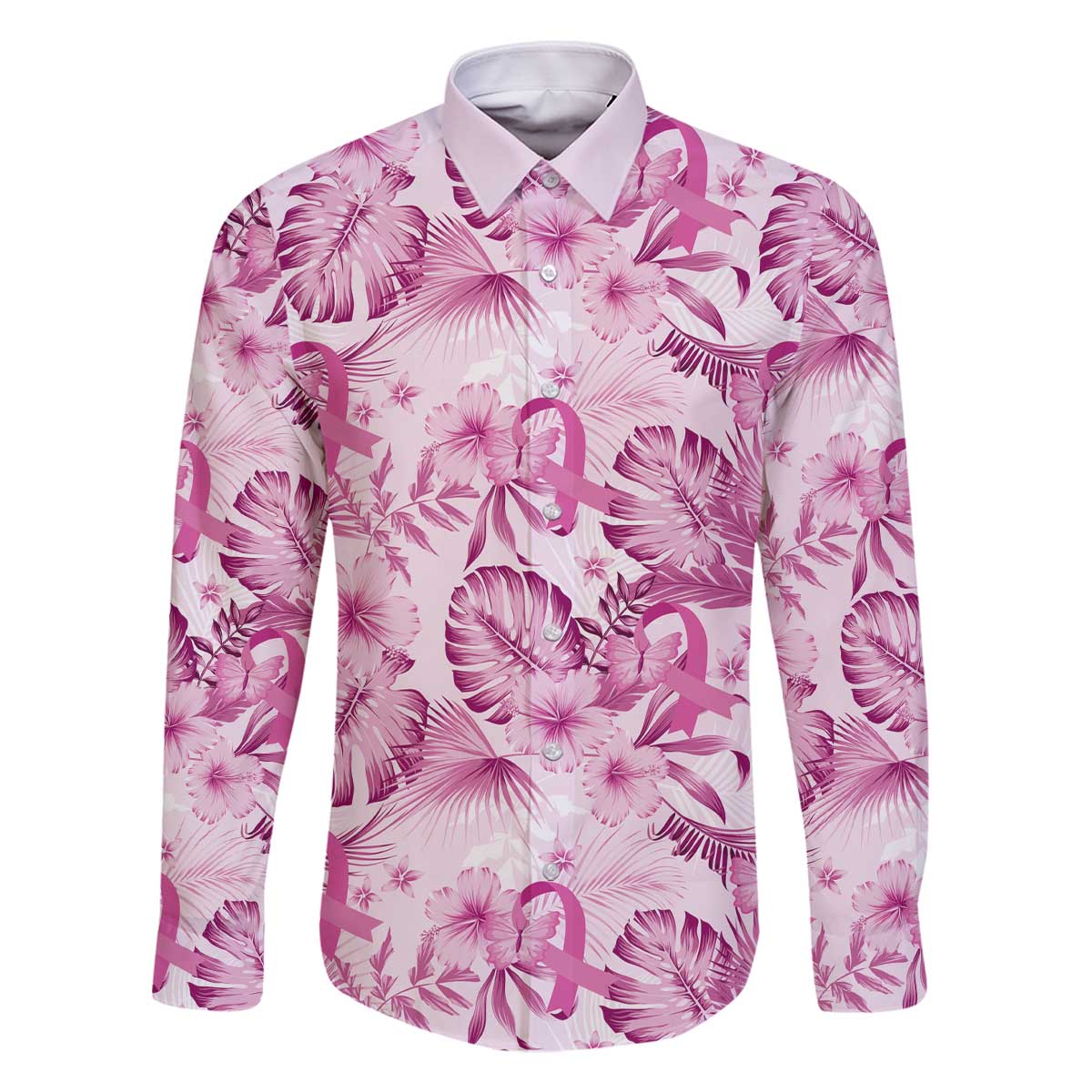 Pink Ribbon Hibiscus Tropical Pattern Family Matching Off The Shoulder Long Sleeve Dress and Hawaiian Shirt Breast Cancer LT01 Dad's Shirt - Long Sleeve Pink - Polynesian Pride
