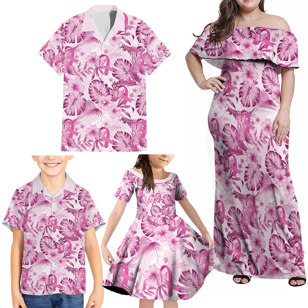 Pink Ribbon Hibiscus Tropical Pattern Family Matching Off Shoulder Maxi Dress and Hawaiian Shirt Breast Cancer LT01 - Polynesian Pride