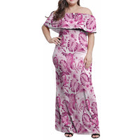 Pink Ribbon Hibiscus Tropical Pattern Family Matching Off Shoulder Maxi Dress and Hawaiian Shirt Breast Cancer LT01 Mom's Dress Pink - Polynesian Pride