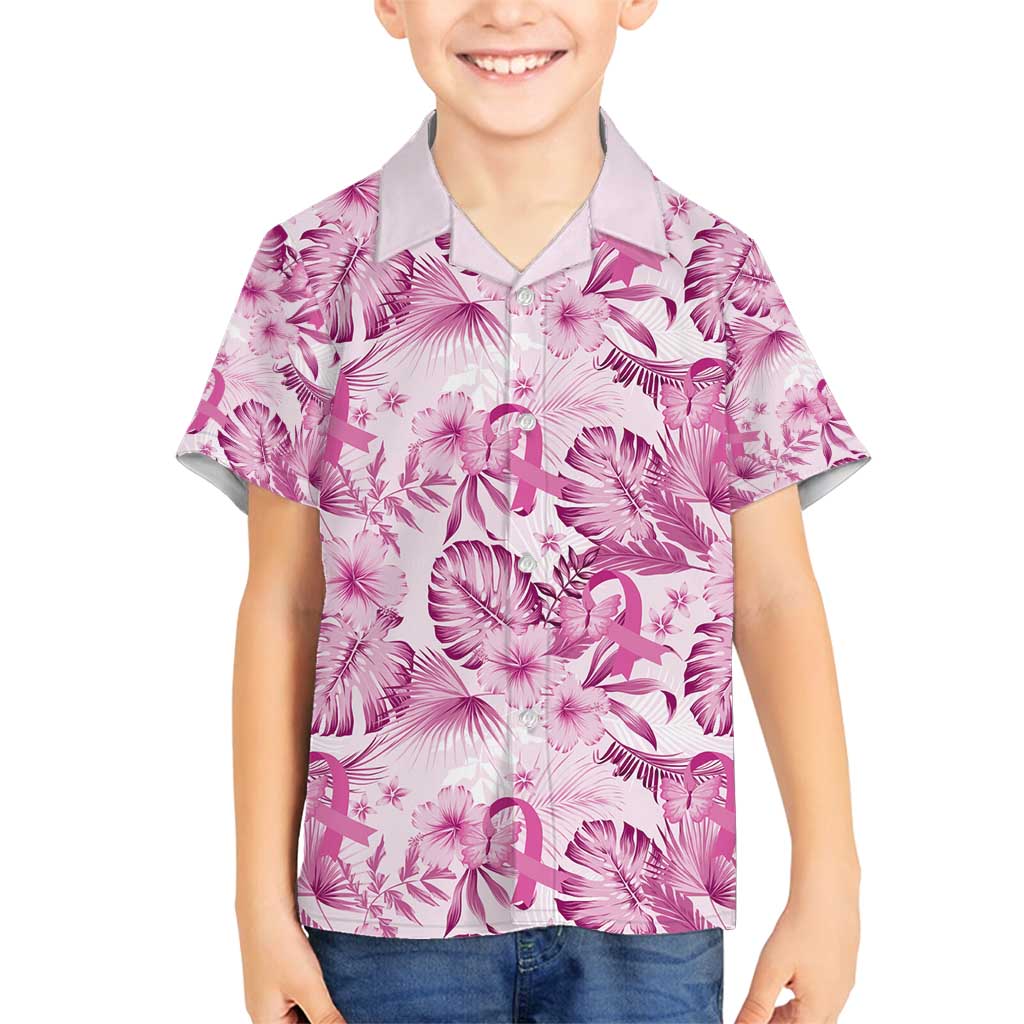 Pink Ribbon Hibiscus Tropical Pattern Family Matching Off Shoulder Maxi Dress and Hawaiian Shirt Breast Cancer LT01 Son's Shirt Pink - Polynesian Pride
