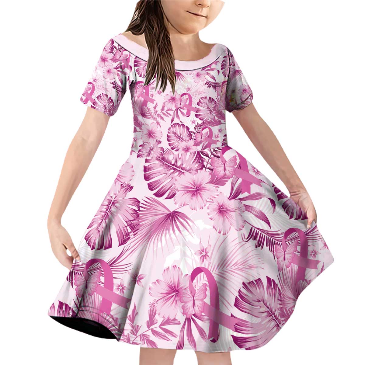 Pink Ribbon Hibiscus Tropical Pattern Family Matching Off Shoulder Short Dress and Hawaiian Shirt Breast Cancer LT01 Daughter's Dress Pink - Polynesian Pride