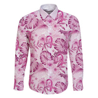 Pink Ribbon Hibiscus Tropical Pattern Family Matching Off Shoulder Short Dress and Hawaiian Shirt Breast Cancer LT01 Dad's Shirt - Long Sleeve Pink - Polynesian Pride