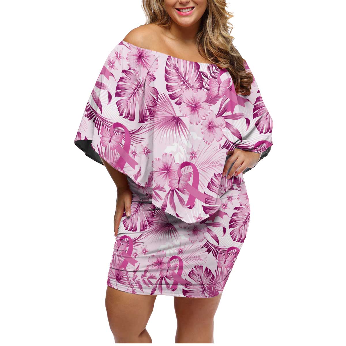 Pink Ribbon Hibiscus Tropical Pattern Family Matching Off Shoulder Short Dress and Hawaiian Shirt Breast Cancer LT01 Mom's Dress Pink - Polynesian Pride