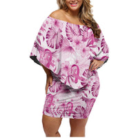Pink Ribbon Hibiscus Tropical Pattern Family Matching Off Shoulder Short Dress and Hawaiian Shirt Breast Cancer LT01 Mom's Dress Pink - Polynesian Pride
