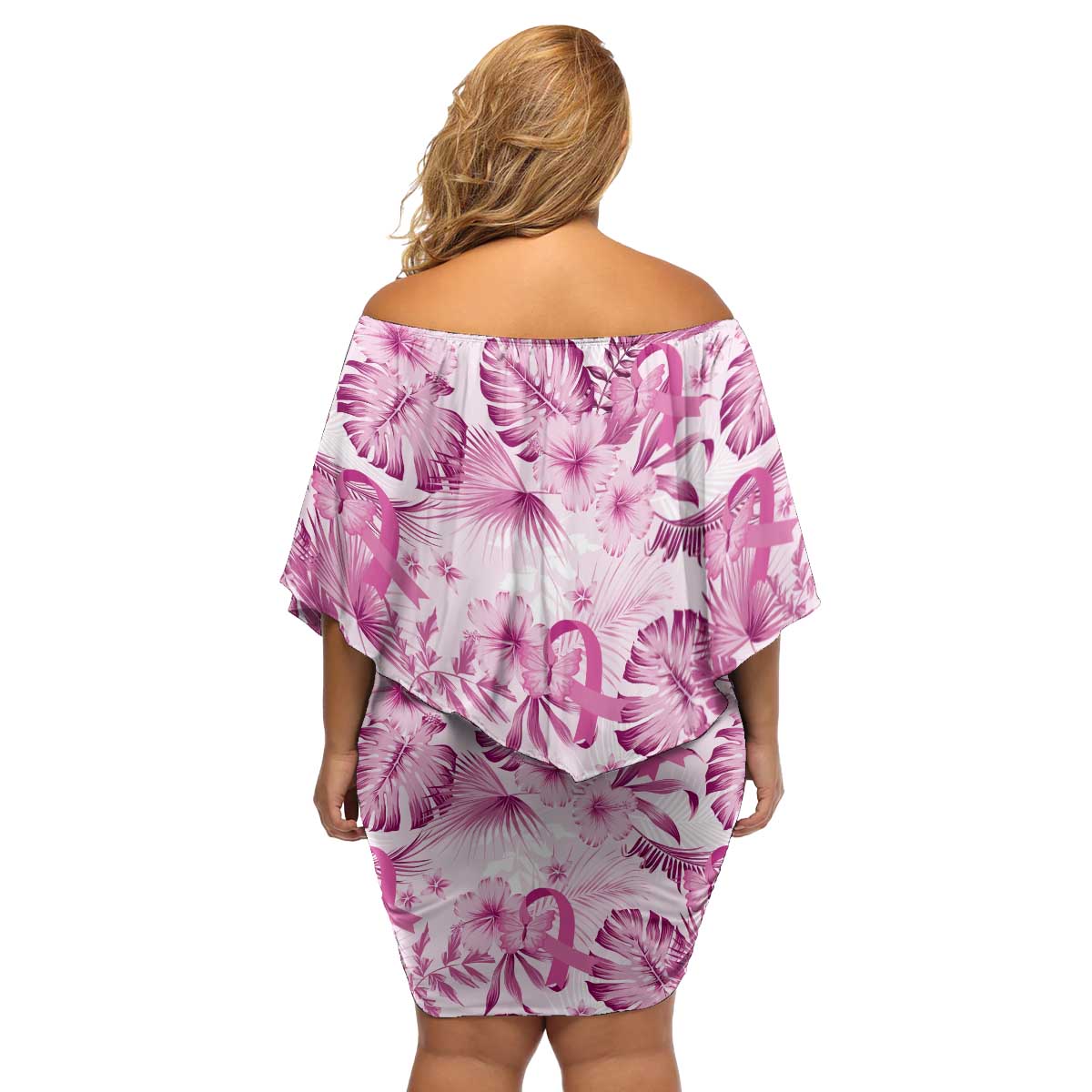 Pink Ribbon Hibiscus Tropical Pattern Family Matching Off Shoulder Short Dress and Hawaiian Shirt Breast Cancer LT01 - Polynesian Pride