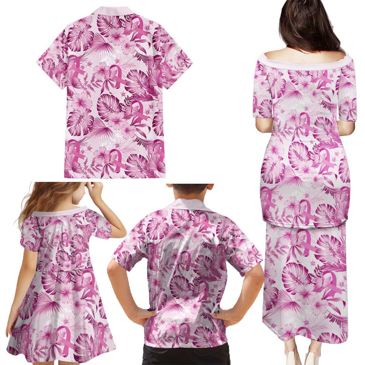 Pink Ribbon Hibiscus Tropical Pattern Family Matching Puletasi and Hawaiian Shirt Breast Cancer LT01 - Polynesian Pride