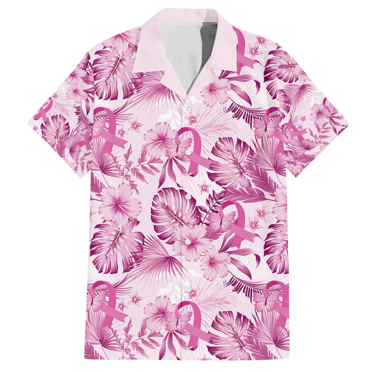 Pink Ribbon Hibiscus Tropical Pattern Family Matching Puletasi and Hawaiian Shirt Breast Cancer LT01 Dad's Shirt - Short Sleeve Pink - Polynesian Pride