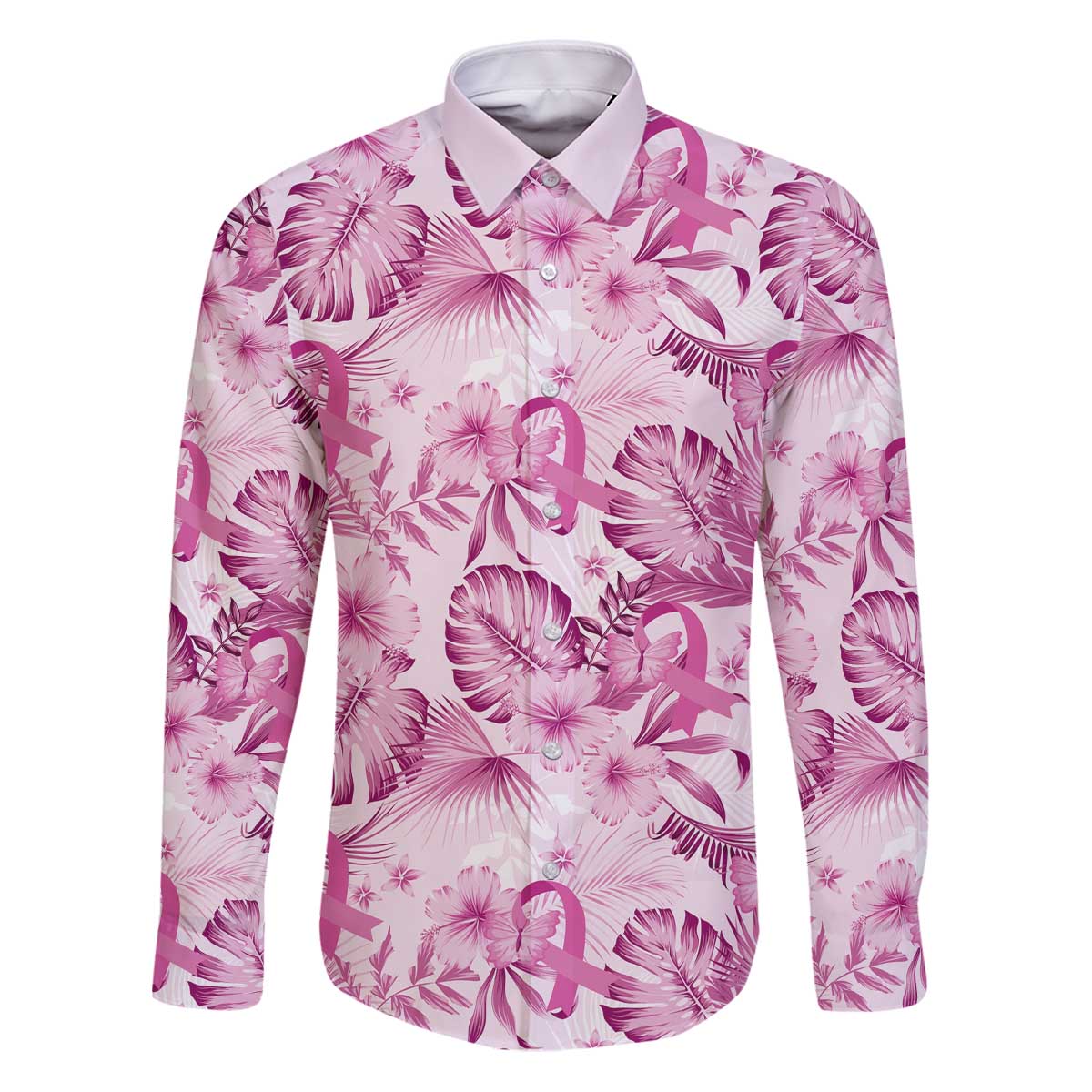 Pink Ribbon Hibiscus Tropical Pattern Family Matching Puletasi and Hawaiian Shirt Breast Cancer LT01 Dad's Shirt - Long Sleeve Pink - Polynesian Pride