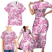Pink Ribbon Hibiscus Tropical Pattern Family Matching Short Sleeve Bodycon Dress and Hawaiian Shirt Breast Cancer LT01 - Polynesian Pride