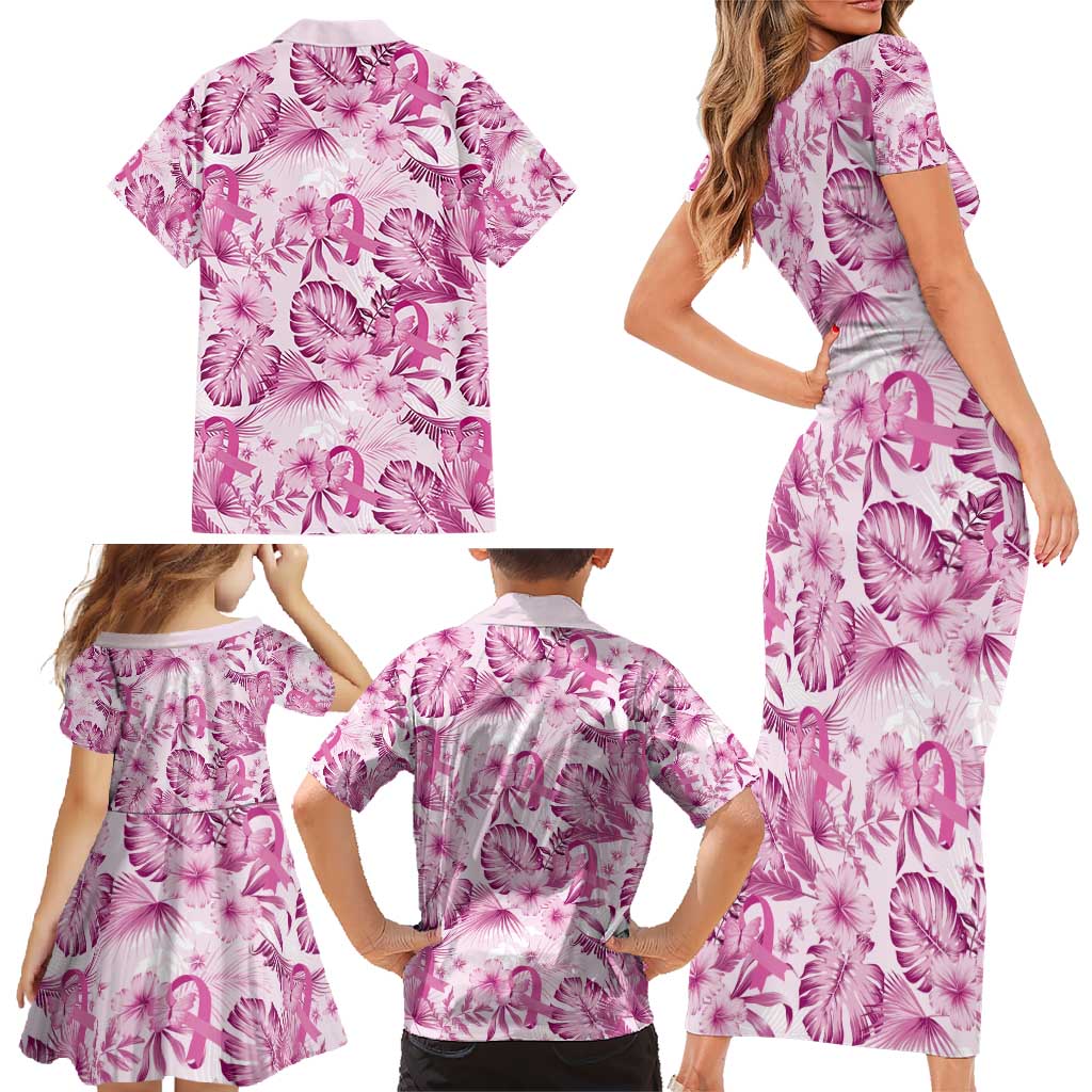 Pink Ribbon Hibiscus Tropical Pattern Family Matching Short Sleeve Bodycon Dress and Hawaiian Shirt Breast Cancer LT01 - Polynesian Pride