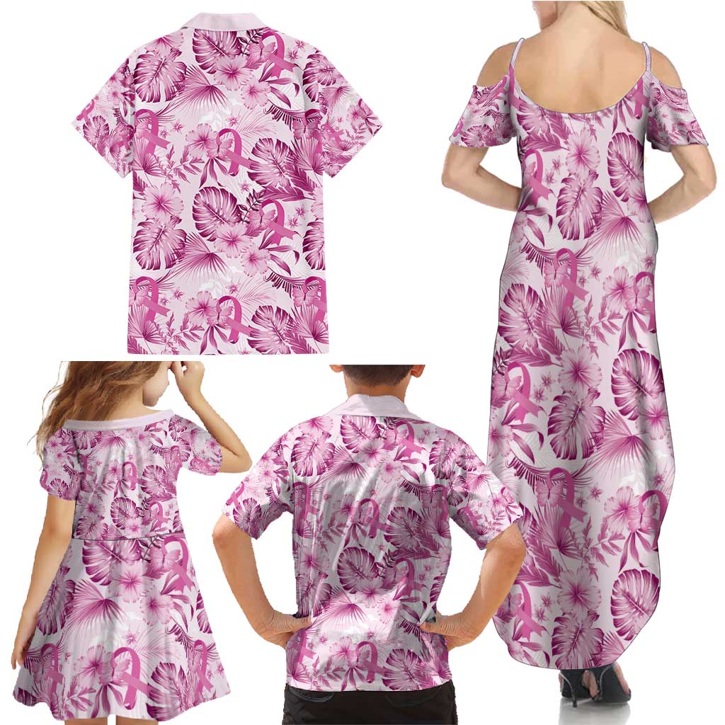 Pink Ribbon Hibiscus Tropical Pattern Family Matching Summer Maxi Dress and Hawaiian Shirt Breast Cancer LT01 - Polynesian Pride