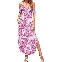 Pink Ribbon Hibiscus Tropical Pattern Family Matching Summer Maxi Dress and Hawaiian Shirt Breast Cancer LT01 Mom's Dress Pink - Polynesian Pride