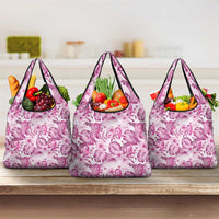 Pink Ribbon Hibiscus Tropical Pattern Grocery Bag Breast Cancer LT01 3-pack One Size Pink - Polynesian Pride