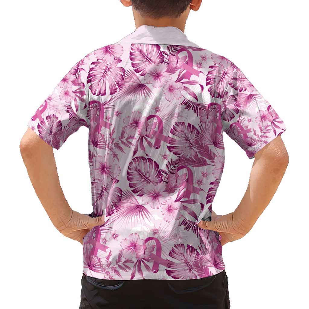 Pink Ribbon Hibiscus Tropical Pattern Kid Hawaiian Shirt Breast Cancer