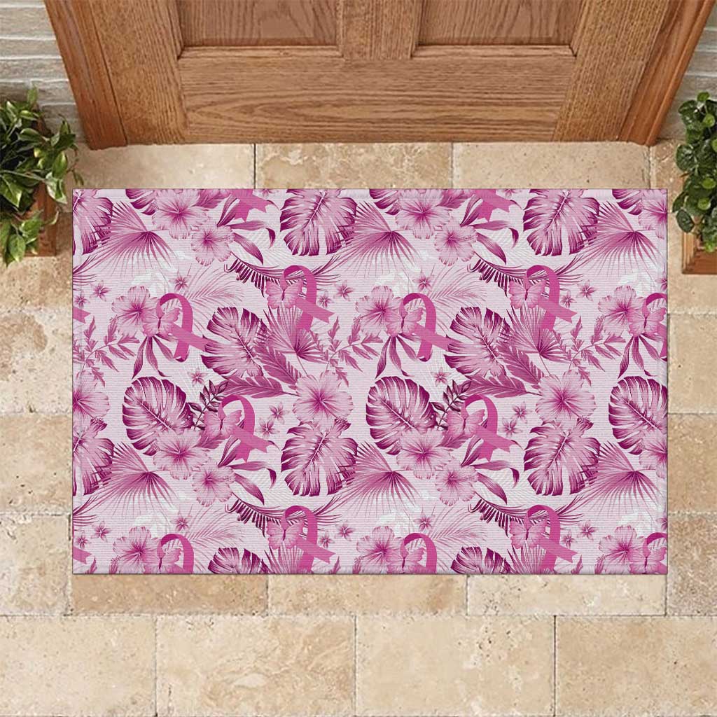 Pink Ribbon Hibiscus Tropical Pattern Rubber Doormat Breast Cancer