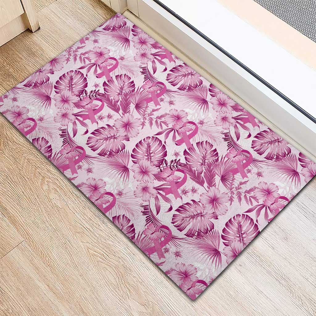 Pink Ribbon Hibiscus Tropical Pattern Rubber Doormat Breast Cancer
