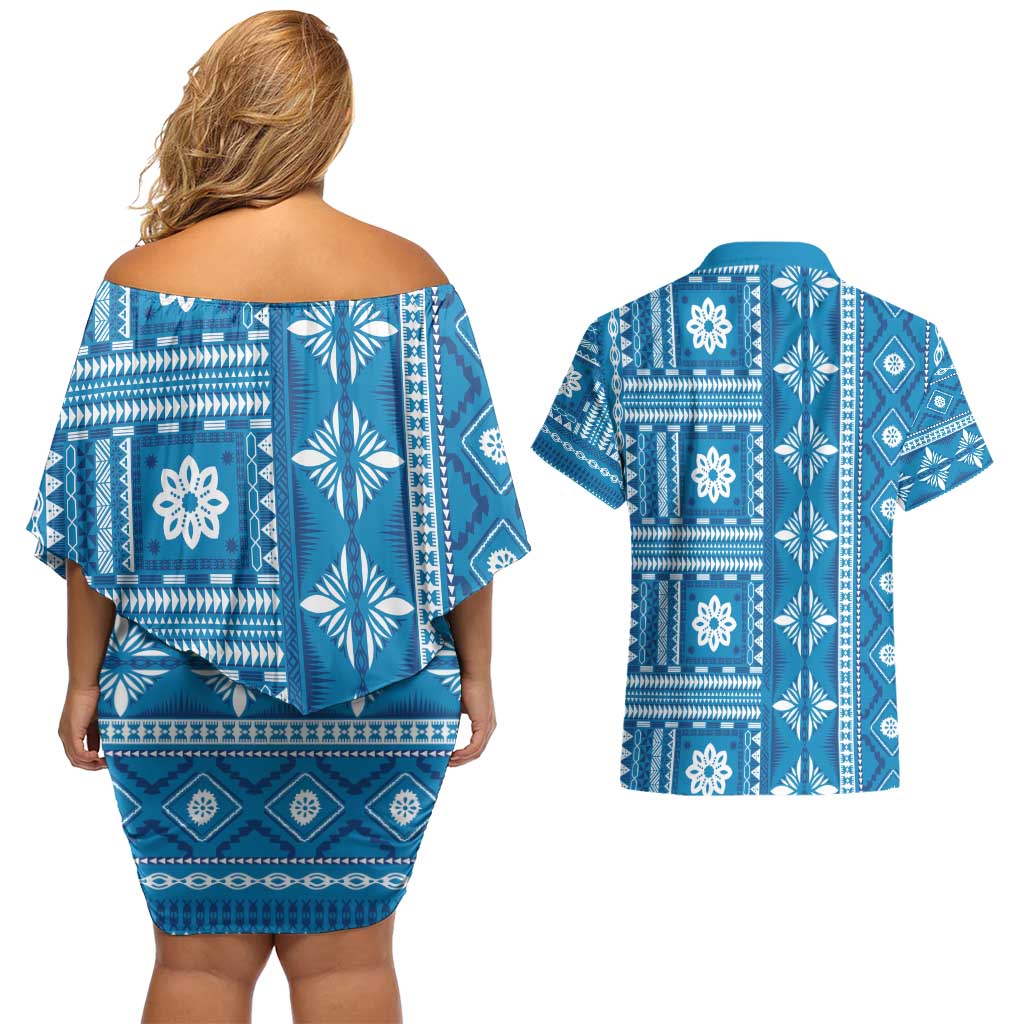 Fiji Masi All Blue Couples Matching Off Shoulder Short Dress and Hawaiian Shirt Tapa Pattern - Polynesian Pride