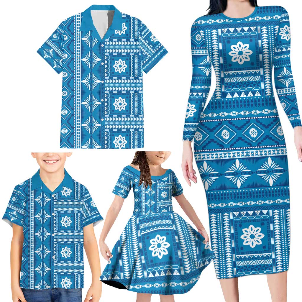 Fiji Masi All Blue Family Matching Long Sleeve Bodycon Dress and Hawaiian Shirt Tapa Pattern LT01 - Polynesian Pride