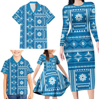 Fiji Masi All Blue Family Matching Long Sleeve Bodycon Dress and Hawaiian Shirt Tapa Pattern LT01 - Polynesian Pride