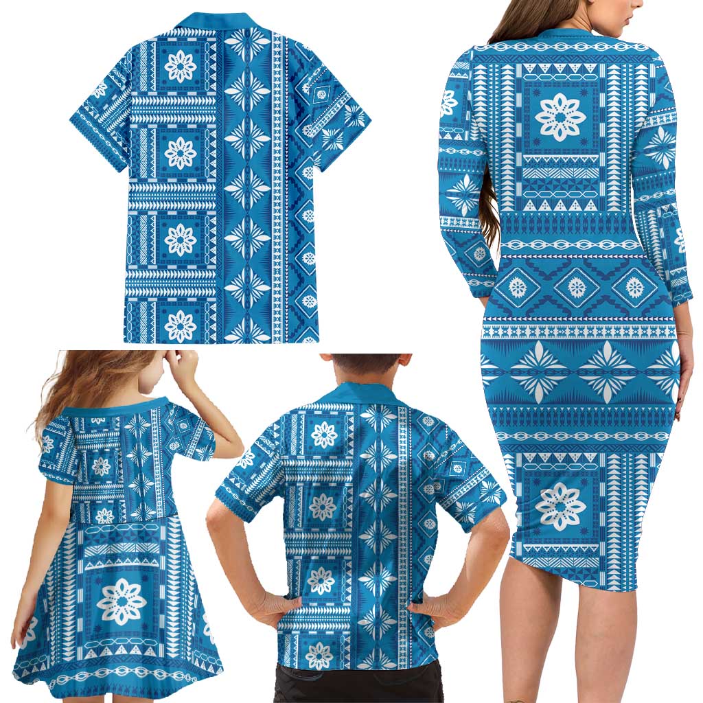 Fiji Masi All Blue Family Matching Long Sleeve Bodycon Dress and Hawaiian Shirt Tapa Pattern LT01 - Polynesian Pride