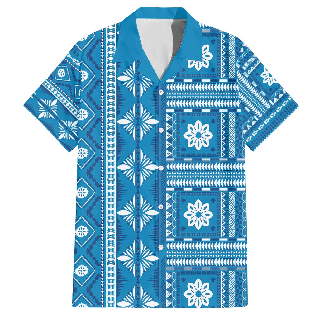 Fiji Masi All Blue Family Matching Long Sleeve Bodycon Dress and Hawaiian Shirt Tapa Pattern LT01 Dad's Shirt - Short Sleeve Blue - Polynesian Pride