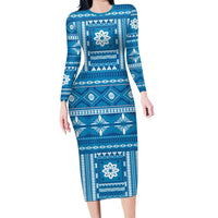 Fiji Masi All Blue Family Matching Long Sleeve Bodycon Dress and Hawaiian Shirt Tapa Pattern LT01 Mom's Dress Blue - Polynesian Pride