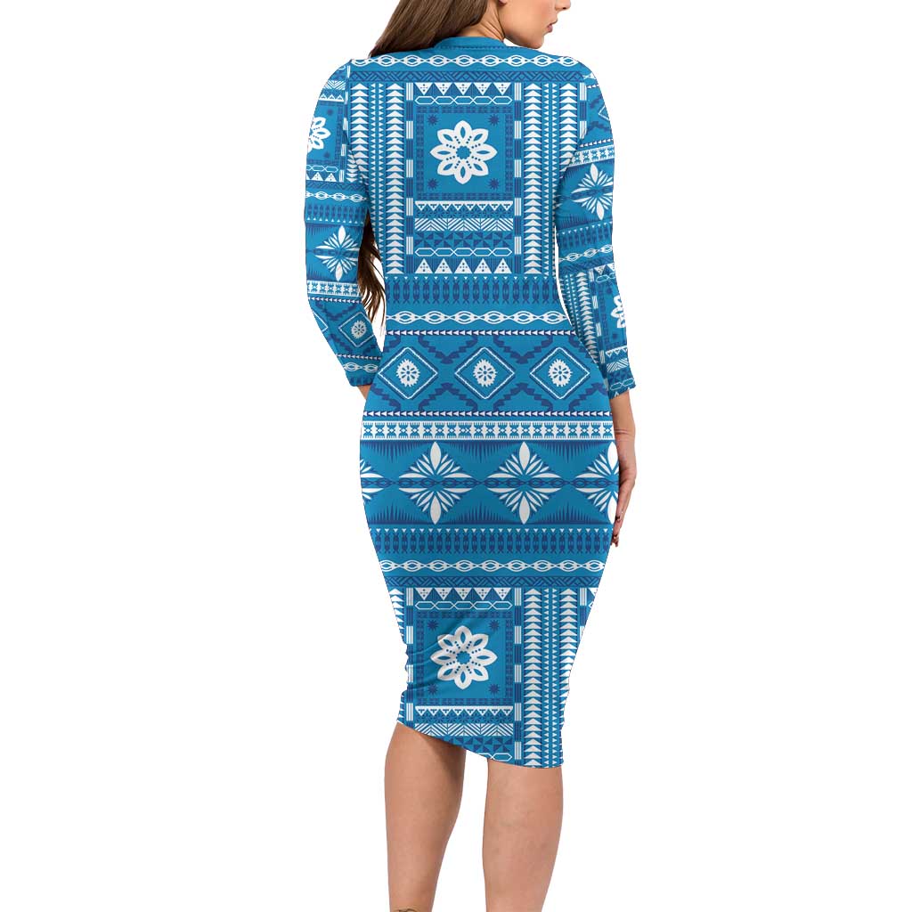 Fiji Masi All Blue Family Matching Long Sleeve Bodycon Dress and Hawaiian Shirt Tapa Pattern LT01 - Polynesian Pride