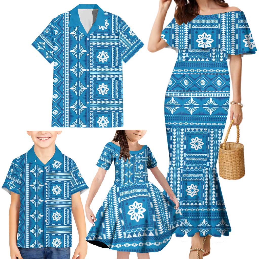 Fiji Masi All Blue Family Matching Mermaid Dress and Hawaiian Shirt Tapa Pattern LT01 - Polynesian Pride