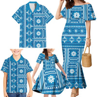 Fiji Masi All Blue Family Matching Mermaid Dress and Hawaiian Shirt Tapa Pattern LT01 - Polynesian Pride