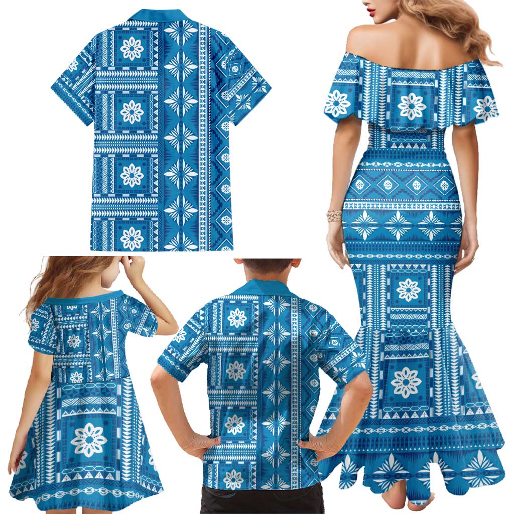 Fiji Masi All Blue Family Matching Mermaid Dress and Hawaiian Shirt Tapa Pattern LT01 - Polynesian Pride
