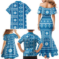 Fiji Masi All Blue Family Matching Mermaid Dress and Hawaiian Shirt Tapa Pattern LT01 - Polynesian Pride