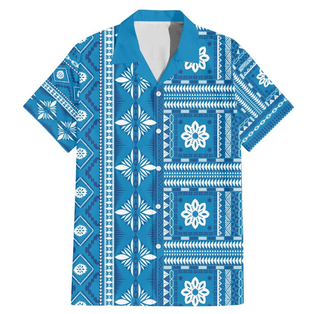 Fiji Masi All Blue Family Matching Mermaid Dress and Hawaiian Shirt Tapa Pattern LT01 Dad's Shirt - Short Sleeve Blue - Polynesian Pride