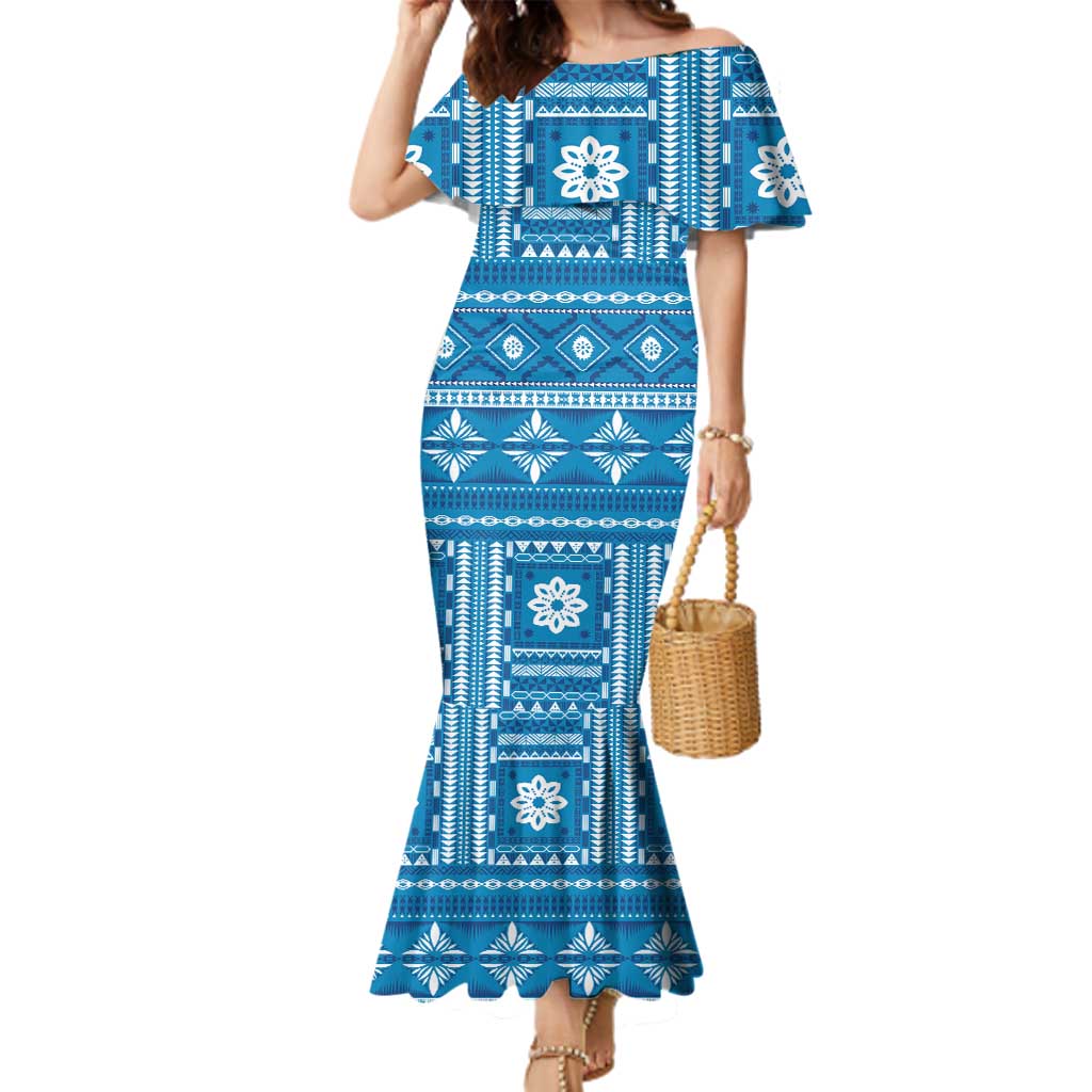 Fiji Masi All Blue Family Matching Mermaid Dress and Hawaiian Shirt Tapa Pattern LT01 Mom's Dress Blue - Polynesian Pride