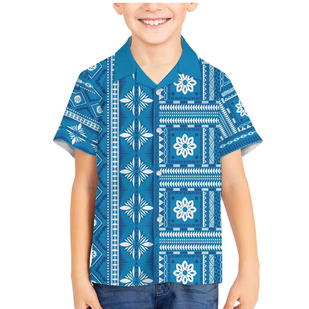 Fiji Masi All Blue Family Matching Mermaid Dress and Hawaiian Shirt Tapa Pattern LT01 Son's Shirt Blue - Polynesian Pride