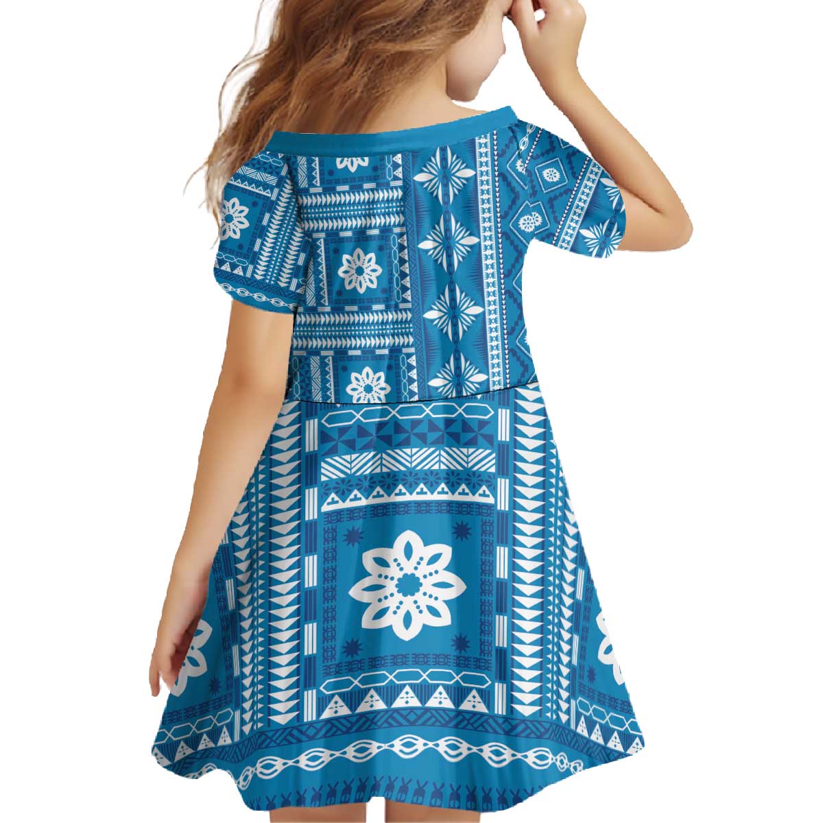 Fiji Masi All Blue Family Matching Off The Shoulder Long Sleeve Dress and Hawaiian Shirt Tapa Pattern LT01 - Polynesian Pride