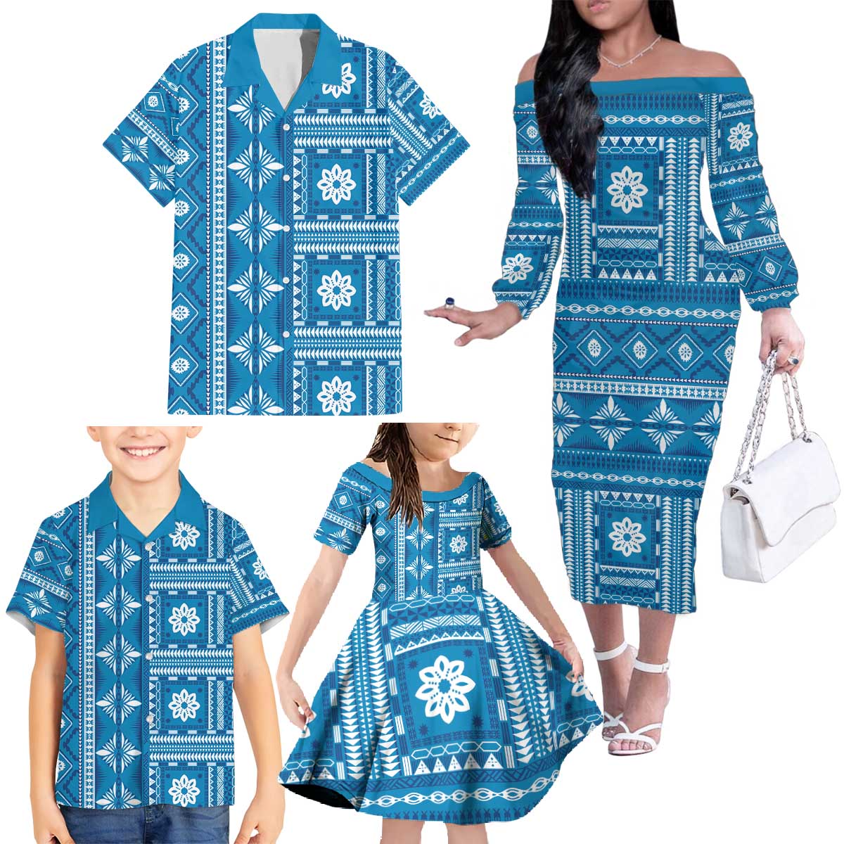 Fiji Masi All Blue Family Matching Off The Shoulder Long Sleeve Dress and Hawaiian Shirt Tapa Pattern LT01 - Polynesian Pride