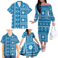 Fiji Masi All Blue Family Matching Off The Shoulder Long Sleeve Dress and Hawaiian Shirt Tapa Pattern LT01 - Polynesian Pride