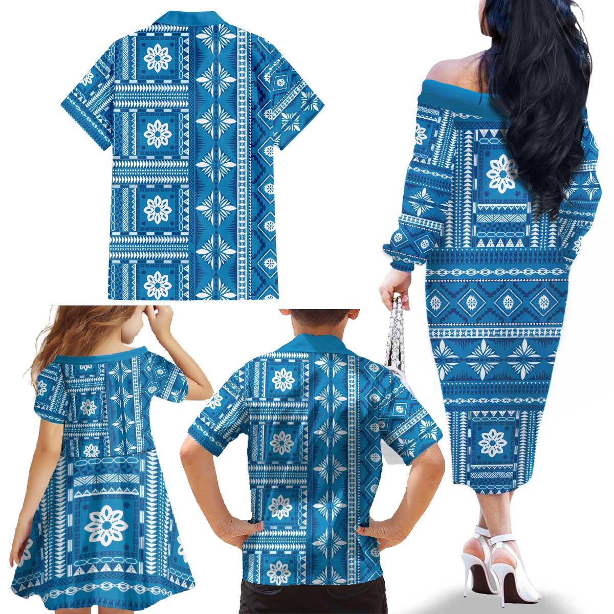 Fiji Masi All Blue Family Matching Off The Shoulder Long Sleeve Dress and Hawaiian Shirt Tapa Pattern LT01 - Polynesian Pride