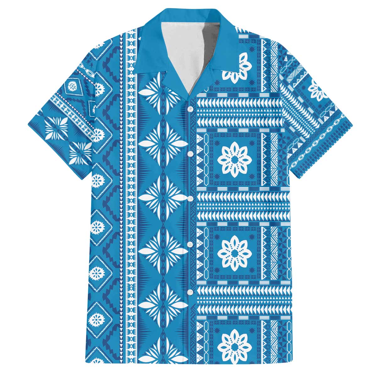 Fiji Masi All Blue Family Matching Off The Shoulder Long Sleeve Dress and Hawaiian Shirt Tapa Pattern LT01 Dad's Shirt - Short Sleeve Blue - Polynesian Pride