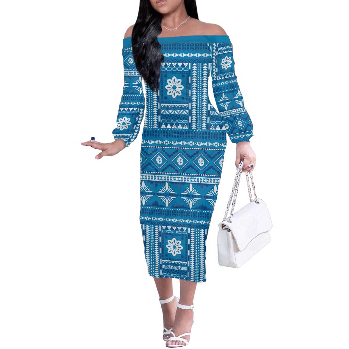 Fiji Masi All Blue Family Matching Off The Shoulder Long Sleeve Dress and Hawaiian Shirt Tapa Pattern LT01 Mom's Dress Blue - Polynesian Pride