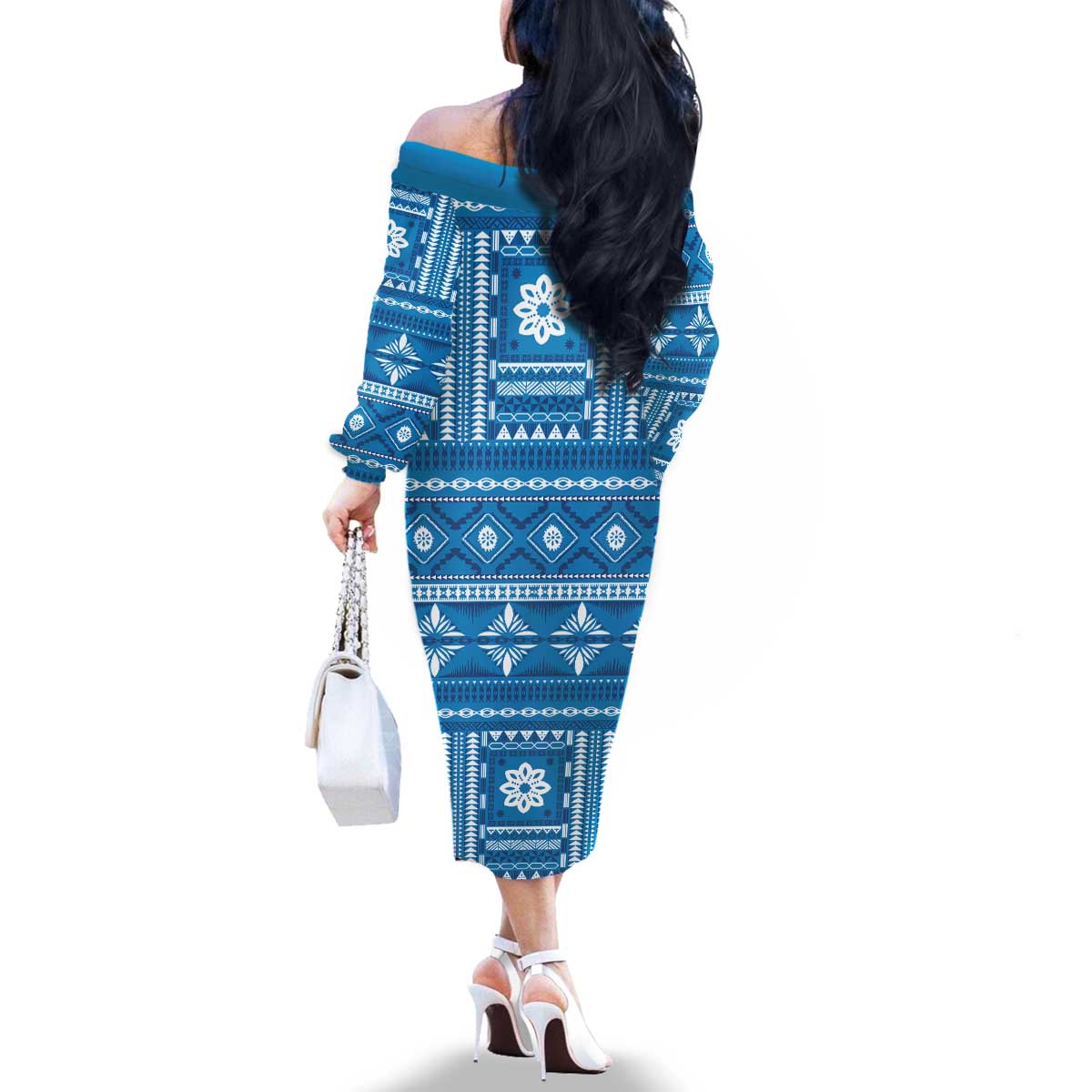 Fiji Masi All Blue Family Matching Off The Shoulder Long Sleeve Dress and Hawaiian Shirt Tapa Pattern LT01 - Polynesian Pride
