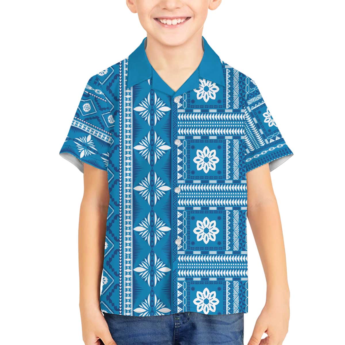 Fiji Masi All Blue Family Matching Off The Shoulder Long Sleeve Dress and Hawaiian Shirt Tapa Pattern LT01 Son's Shirt Blue - Polynesian Pride