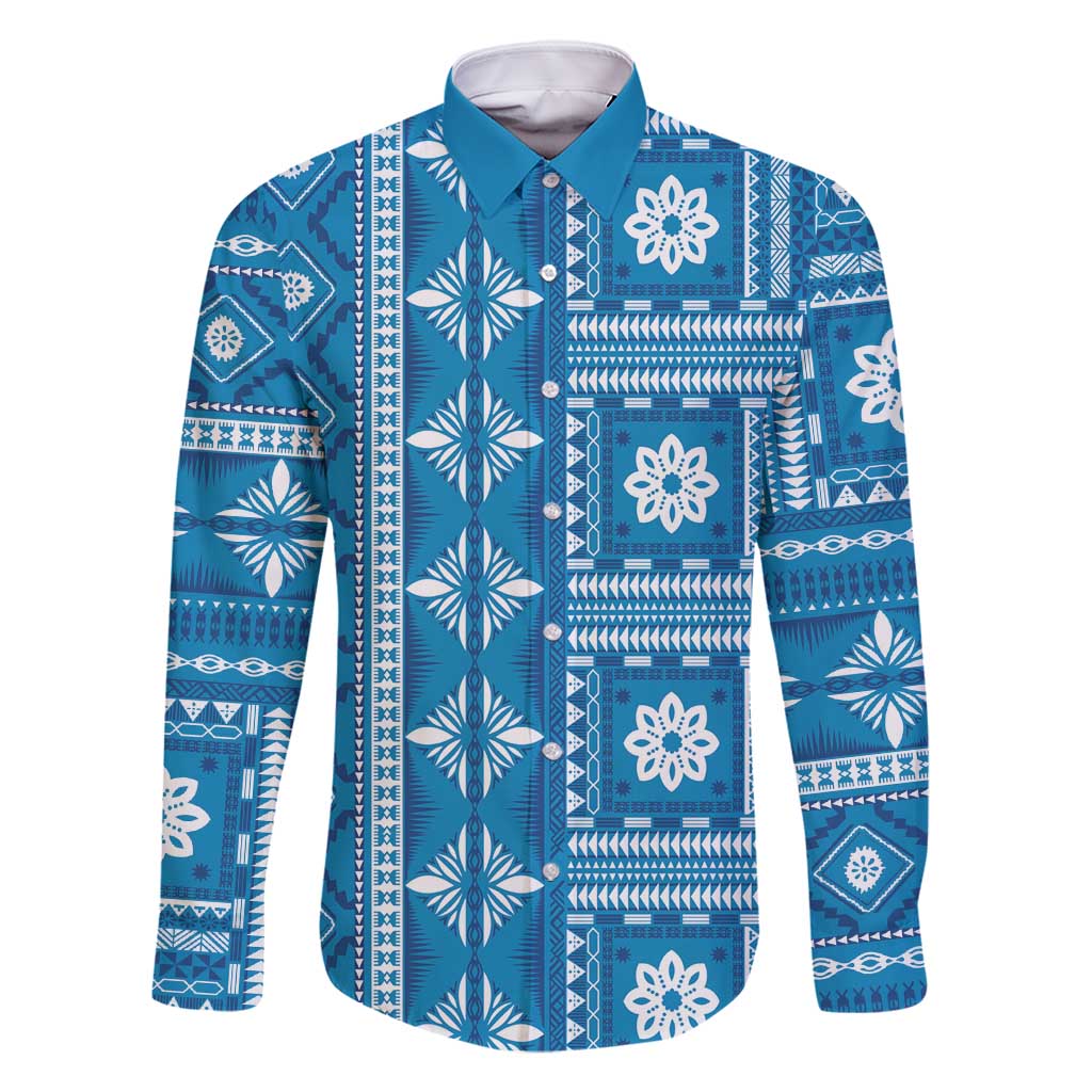 Fiji Masi All Blue Family Matching Off Shoulder Maxi Dress and Hawaiian Shirt Tapa Pattern - Polynesian Pride