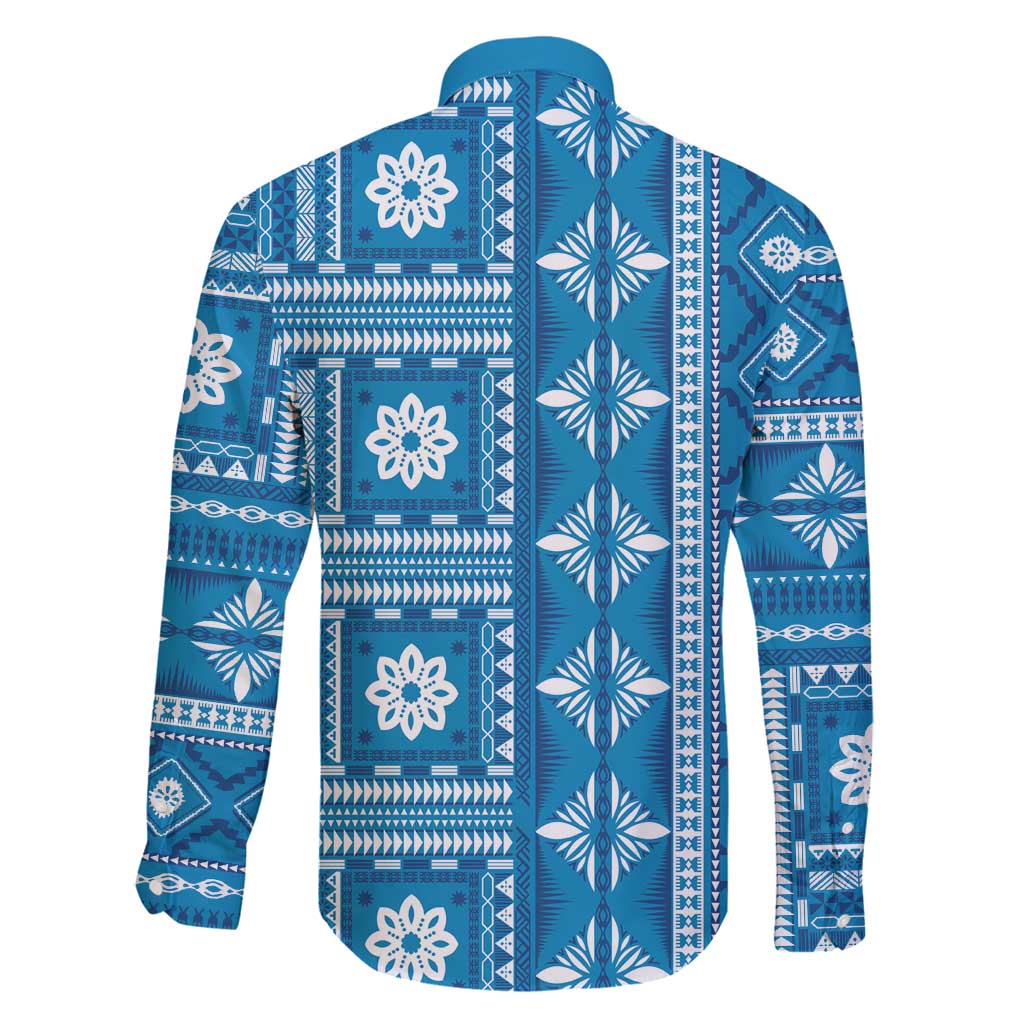 Fiji Masi All Blue Family Matching Off Shoulder Maxi Dress and Hawaiian Shirt Tapa Pattern - Polynesian Pride