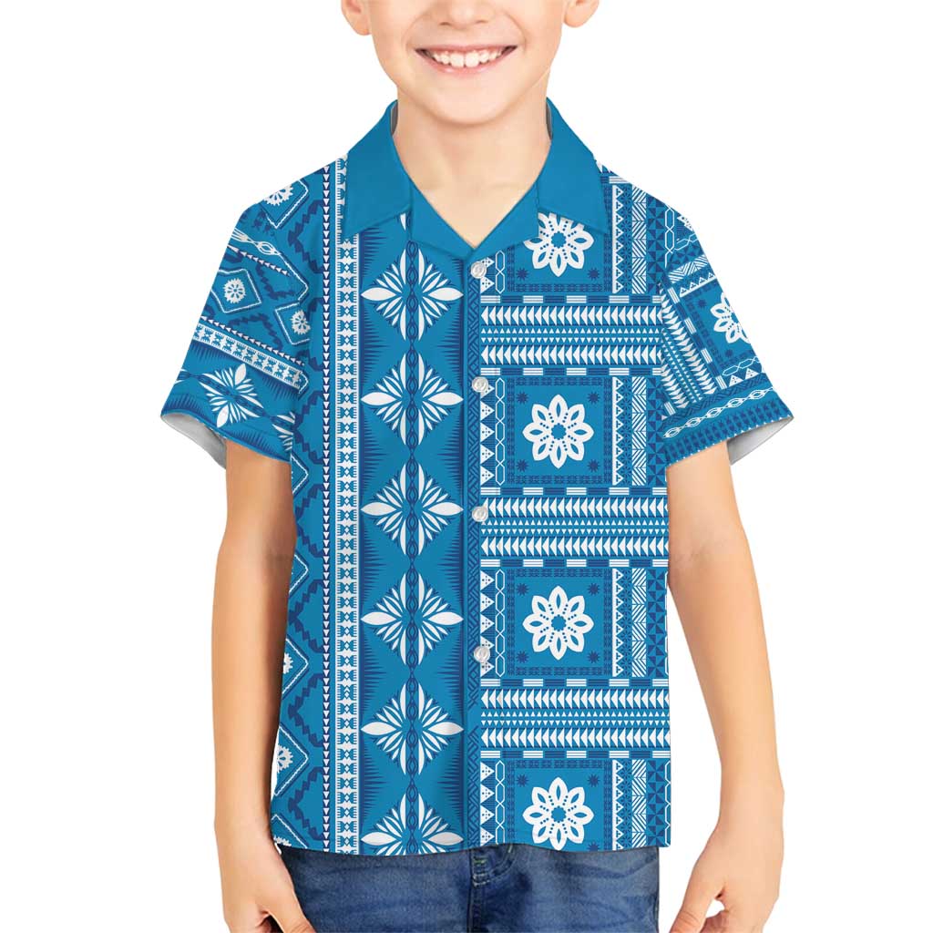 Fiji Masi All Blue Family Matching Off Shoulder Maxi Dress and Hawaiian Shirt Tapa Pattern - Polynesian Pride