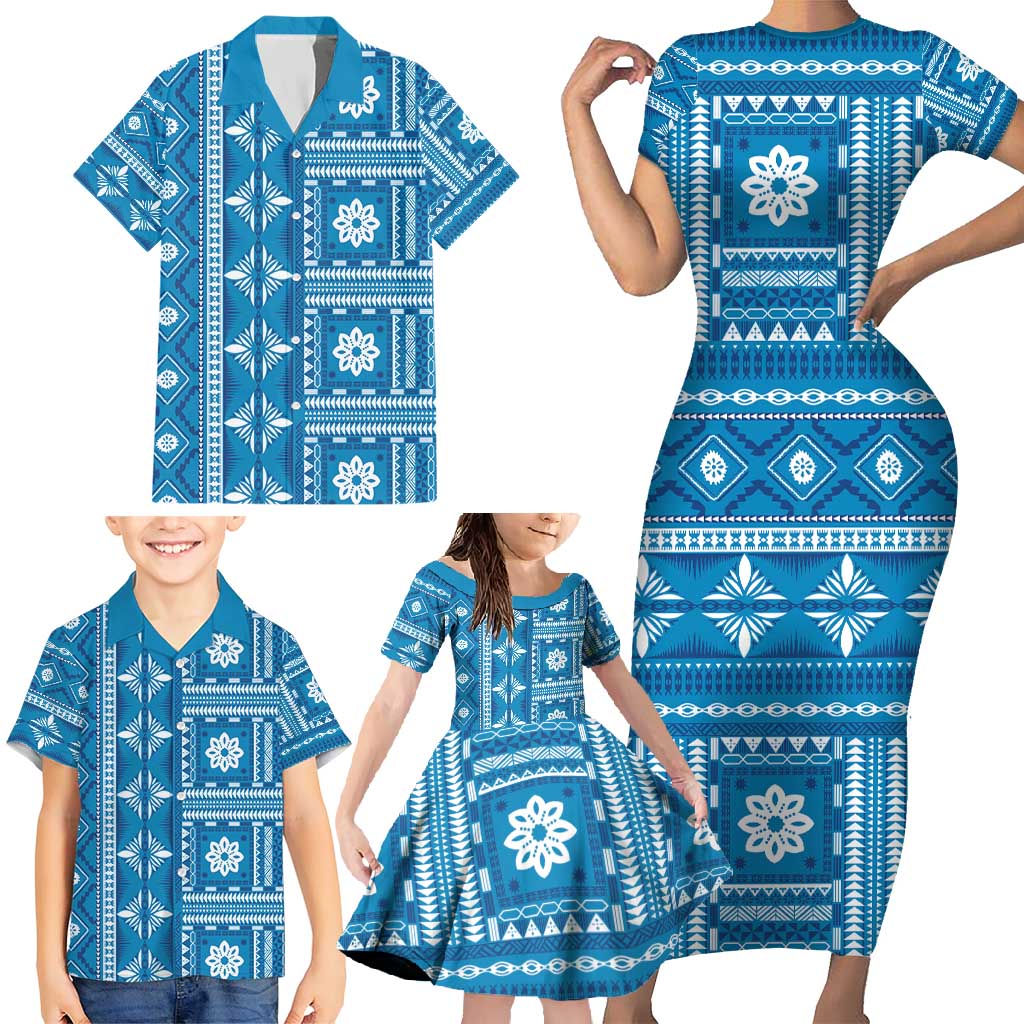 Fiji Masi All Blue Family Matching Short Sleeve Bodycon Dress and Hawaiian Shirt Tapa Pattern LT01 - Polynesian Pride