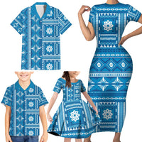 Fiji Masi All Blue Family Matching Short Sleeve Bodycon Dress and Hawaiian Shirt Tapa Pattern LT01 - Polynesian Pride